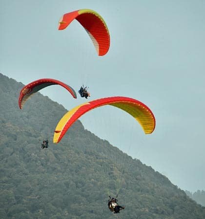 Several paragliders in the air together over forested hills
